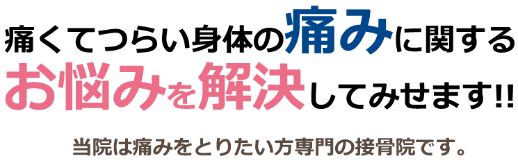 痛くてつらい身体の痛みに関するお悩みを解決してみせます！！当院は痛みをとりたい方専門の接骨院です。